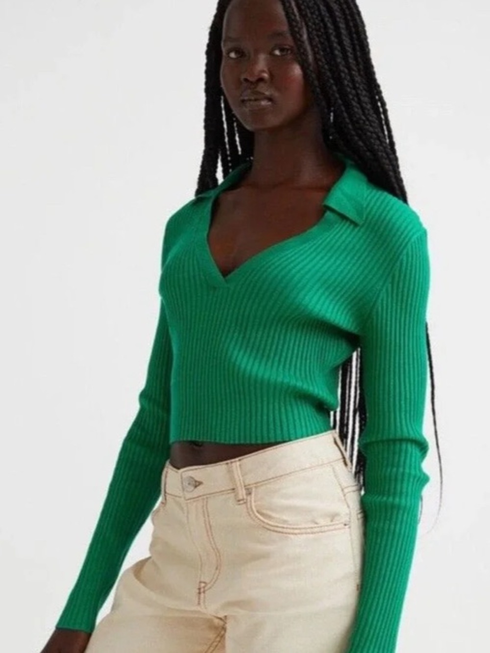 H&M Ribbed V-Neck Polo Sweater - Green
